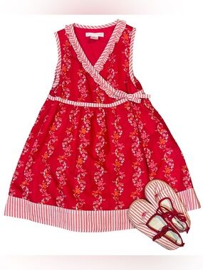Janie and Jack French Country Red Floral Wrap-Style Dress with Striped Trim 3T